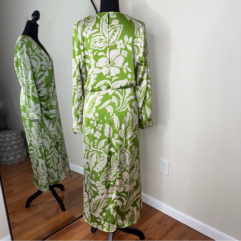 Zara Midi Floral Leaf Printed Dress Lime Ivory Size XL - Picture 3 of 7